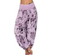 TUDUZ Pantalon Haute Taille pour Femmes, décontracté, Jambes Larges, Grande Taille, 7/8 été Impression bohême Longueur Large (Purple, L)