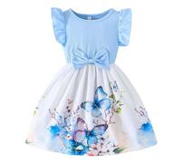 Tue Tue Enfants Filles Nœud Papillon Manches Dessin Animé Imprimé Bowknot Robes Vêtements Filles Adolescents, bleu ciel, 5-6 ans