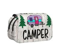 Tuehbsvo Happy CamperTrousse à crayons double couche avec rabat sur le dessus Grande trousse à crayons Organiseur de papeterie Trousse de maquillage pour garçons, filles, adolescents, étudiants