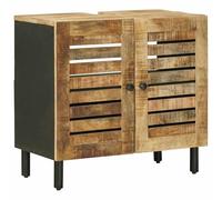 TUERYAFEK Meuble sous lavabo marron noir 62 x 33 x 58 cm | En bois de manguier massif, avec boutons en laiton, 1 compartiment et portes, design compact