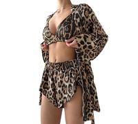 Tufkiss Pyjama Femme Ensemble, sous-vêtement, Short Fendu, Chemise De Nuit 3 PièCes, Sexy Chic Sleepwear Set(Leopard, L)