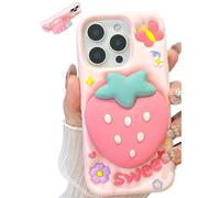 TUFTA Coque de téléphone mignonne fraise 3D pop-up avec support et prise en main pour iPhone 16 Pro Max, coque en silicone motif fruits kawaii girly pour filles et femmes, rose