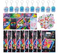 Tuhangcc Lot de 80 cadeaux de fête de 6 à 7 avec sac cadeau sur le thème de 67 porte-clés amusants en acrylique, autocollants, cahiers, six sept Internet fantaisie cadeaux pour fêtes d'anniversaire et