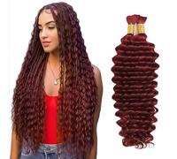 Tuheerst #99J Extensions de cheveux humains tressés - Rouge bordeaux - Sans trame - Ondulés profondes - 50 g/trame - Total 100 g - Non transformés - Couleur rouge vin - Cheveux humains pour femme