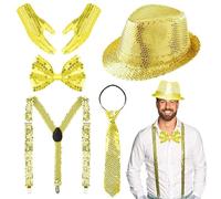 TUIBEIDAMAI Tenue pailletée pour homme, accessoires de costume à paillettes, avec bretelles à paillettes, nœud papillon, cravate, gants, costume à paillettes, doré pour carnaval, fête, danse