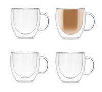 TUIHJA Lot de 4 tasses à café en verre à double paroi avec poignée, tasses en verre à double paroi pour expresso, latte, cappuccino (150 ml)