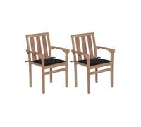2x Bois de Teck Massif Chaises de Jardin avec Coussins Chaises de Patio Chaises de Terrasse Balcon Extérieur Bar Café Maison Noir