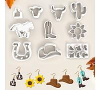 Tuitessine Kit de 10 emporte-pièces en polymère pour la fabrication de boucles d'oreilles - Vache occidentale, taureau, crâne, cactus, tournesol, gaufrage de forme de cowgirl, chapeau de cow-boy,