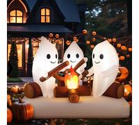 Tujoe Fantôme gonflable d'Halloween de 1,8 m autour du feu de camp avec lumières LED, fantômes mignons rôtissant des guimauves, décoration gonflable pour pelouse, cour avec piquets, attaches pour