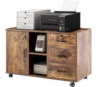 TUKAILAi Caisson de Bureau Rangement à 3 Tiroirs Verrouillables, Caisson Imprimante Mobile avec Roulettes, Armoires de Rangement avec Étagères Ouvertes pour Format A4 (Marron Rustique)