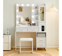 TUKAILAi Coiffeuse avec Miroir et Tabouret LED Adulte, Blanc Coiffeuse avec Miroir Rangement à 2 Étagère 5 Tiroirs 1 Cabinet 2 Compartiments Caches, Table de Maquillage Moderne Cadeau