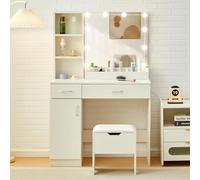 TUKAILAi Coiffeuse avec Miroir et Tabouret LED Adulte, Blanc Coiffeuse avec Miroir Rangement à 2 Tiroirs 1 Cabinet 3 Compartiments Ouverts, Table de Maquillage Moderne Cadeau 90 * 40 * 140 CM