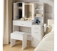 TUKAILAi Coiffeuse avec Miroir et Tabouret LED Adulte, Blanc Coiffeuse avec Miroir Rangement à 3 Tiroirs 2 Étagères 5 Compartiments Caches, Table de Maquillage Moderne Fille Chambre