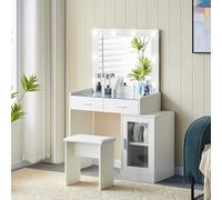TUKAILAi Coiffeuse avec Miroir LED et Tabouret Adulte Blanc, Plateau en Verre avec Rangement à 2 Tiroirs et 1 Armoir, Meuble Moderne Table de Maquillage Cadeau