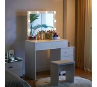 TUKAILAi Coiffeuse avec Miroir LED et Tabouret, Table de Maquillage Moderne, 5 Tiroirs de Rangement, Meuble Chambre Hollywood en Bois (Blanc)