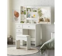 TUKAILAi Coiffeuse avec Tabouret et Miroir Coulissant Table de Maquillage avec 5 Tiroirs 7 Étagères de Rangement Coiffeuse de Maquillage Fille Blanc Moderne Bois