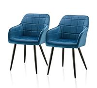 TUKAILAi Lot de 2 Chaise de Salle à Manger Accoudoir Velours Chaise de Cuisine Rembourrée Scandinave Pieds en Métal, Fauteuil de Salon de Repas Élégant et Dossier de Forme Carrée (Bleu)