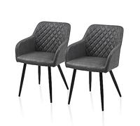 TUKAILAi Lot de 2 Chaise de Salle à Manger Rembourrée PU, Chaise de Cuisine Simili Cuir avec Dossier et Accoudoirs, Pieds en Métal Ergonomique pour Salon Bureau Pas Cher (Gris Fonce)