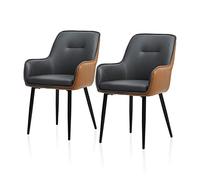 TUKAILAi Lot de 2 Chaises de Salle à Manger Simili Cuir, Chaises de Cuisine Rembourrées avec Accoudoirs Dossier, Pieds en Métal, Fauteuil de Cuisine Moderne pour Salon Bureau (Gris-Marron)