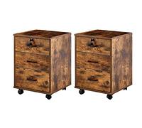 TUKAILAi Lot de 2 classeurs mobiles à 3 tiroirs, verrouillables, armoires de bureau à roulettes pour documents, style industriel en bois pour bureau à domicile, marron rustique