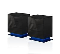TUKAILAi Lot de 2 Table de Chevet avec 3 tiroirs, Table de Nuit avec lumière LED et Ports USB, Rangement Meuble de lit Haute Brillance Salon Chambre à Couche (Noir)