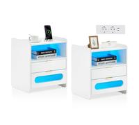 TUKAILAI Lot de 2 tables de chevet LED - Table d'appoint - Blanc - Avec fonction de charge - Table de chevet avec 2 tiroirs - Table de chevet moderne pour salon et chambre à coucher