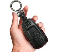 Tukellen for Audi Key Fob Cover Genuine Leather with Keychain,Leather Key Case Protector Compatible Audi A4 Q7 Q5 TT A3 A6 SQ5 R8 S5 Smart Key-Black (Red Line)