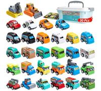 TuKIIE 30 Pièces Petites Voitures à Tirer, Voitures Miniatures en Plastique, Camion de Pompiers, Voiture de Police, Bus, Pelle, Idéal Véhicules Jouets Cadeau pour Enfants Filles et Garçons 3 Ans