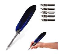 TUKNN Plume Calligraphie, Stylo avec Plume, Plumes Ecrire, Stylo Plumes Vintage, Quill Feather Pen Set, avec 5 Pointes de Rechange, Bleu