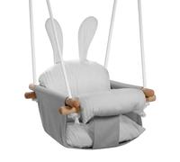 Tulano Hop 33 Balancoire Exterieur - Balancoire Bebe - Siege Balancoire Enfant - Balancelle Enfant Forme Lapin - 6-36 Mois - Charge 36 kg - Ceinture - Bois de Hêtre et Coton - Gris et Blanc
