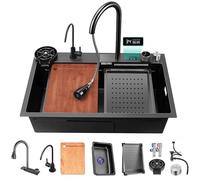 TULAZOU Évier de cuisine cascade en acier inoxydable - Noir - Avec robinet extensible et autres accessoires - 80 x 45 cm