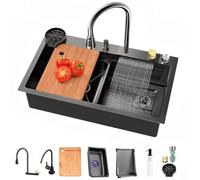 TULAZOU Évier de cuisine cascade, évier en acier inoxydable 304, évier de cuisine gris foncé, évier de cuisine multifonction avec robinet extractible et autres accessoires（80x45cm）