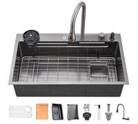 TULAZOU Évier de cuisine, gris foncé 304 évier en acier inoxydable, 76 x 50 cm, évier de cuisine cascade, évier multifonctionnel avec plusieurs accessoires (76 x 50 cm)