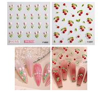 Tulipe Cerise Stickers Ongles 3D Autocollants Motifs de Fruits de Fleurs Roses Autocollants pour Manucure Art Design Saint Valentin Décoration d'Ongles d'Été 2 Feuilles