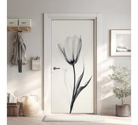 Tulipe Minimaliste Effet 3D Sticker Porte, Fleur Moderne Papier Autocollant Porte Mural Décoration, Peinture à L'encre Oriental Stickers Muraux Amovible PVC 77x200 cm 5Yl12