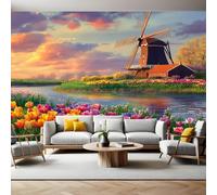 Tulipe Papier Peint Intissé 400 x 280 cm De beaux moulins à vent à la campagne Panoramique Image Photo Trompe l'oeil Murale Wallpaper Tapisserie pour Salon, Adulte Chambre d'enfants, Étude Décoration