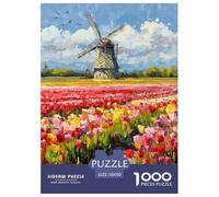 Tulipe Puzzle 1000 Pièces Fleurs Moulin à Vent -soirée Jeu Esprit Puzzle, Pièce Épaisses Antiglisse, Poster & Boîte Cadeau, 70x50cm/1000pcs