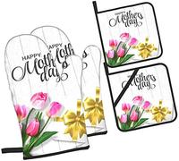 Tulipes Roses et Coffret Cadeau Happy Mother's Day Mitaines de Four et maniques Ensemble de Cuisine, 4 pièces Gants de Cuisine résistants à la Chaleur Coussinets Chauds pour Barbecue Cuisson Grillad