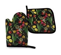 Tulipes Rouges Jaunes Fleurs de pissenlits Blancs Gants de Four et maniques Gants isolés et Tapis de Cuisine pour Cuisiner, Cuire, Griller (Ensemble de 2 pièces)