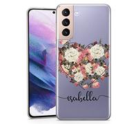 TULLUN Personalised Phone Case for Samsung Galaxy S21 FE 5G - Clear Soft Gel Cover Custom Floral Peonies Design Your Own Style Initials Name Text - Floral Heart Signature