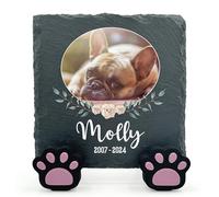 TULLUN Plaque Naturelle Unique Commémorative Carrée Personnalisée avec Support De Patte pour Animal De Compagnie Chat Chien Cadre De Pierre en Ardoise Pierre Tombale - Taille 10x10 cm - Cadre Floral