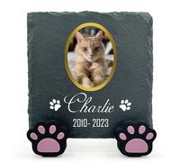 TULLUN Plaque Naturelle Unique Commémorative Carrée Personnalisée avec Support De Patte pour Chat, Chien, Pierre D'ardoise, Pierre Tombale - Taille 10x10 cm - Photo Cadre Doré