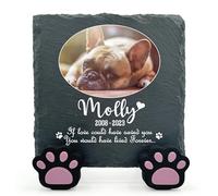 TULLUN Plaque Naturelle Unique Commémorative Carrée Personnalisée avec Support De Patte pour Chat, Chien, Pierre D'ardoise pour Pierre Tombale - Taille 10x10 cm - Photo Ovale