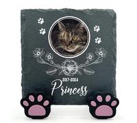 TULLUN Plaque Naturelle Unique Commémorative Carrée Personnalisée avec Support De Patte pour Chat, Chien, Pierre D'ardoise pour Pierre Tombale - Taille 10x10 cm - Floral