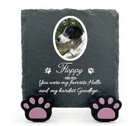 TULLUN Plaque Naturelle Unique Commémorative Carrée Personnalisée avec Support De Patte pour Chat, Chien, Pierre D'ardoise, Pierre Tombale - Taille 10x10 cm - Cadre Blanc Photo