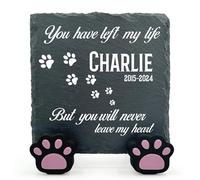 TULLUN Plaque Naturelle Unique Commémorative Carrée Personnalisée avec Support pour Chat, Chien, Pierre De Taille en Ardoise - Taille 10 X 10 cm - Tu as Quitté Ma Vie...