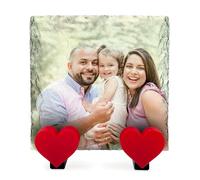 TULLUN Plaque Personnalisée en Ardoise Naturelle Avec Impression sur Tout le Pourtour de Votre Photo et Texte Avec Support en Forme de Coeur - Carré | 10 x 10 cm |