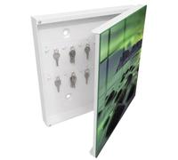 Tulup Armoire à Clés 30x30 cm | Blanc | Porte Droite | Fixation Murale | Aurores Boréales | Decorative | Chevilles Incluses | en Métal | Panneau Avant en Verre | pour Rangement de Clefs