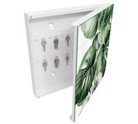 Tulup Armoire à Clés 30x30 cm | Blanc | Porte Droite | Fixation Murale | Feuilles Vertes | en Métal | pour Rangement de Clefs | Panneau Avant en Verre | Chevilles Incluses | Decorative