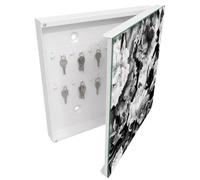 Tulup Armoire à Clés 30x30 cm | Blanc | Porte Droite | Fixation Murale | Fleurs Noires Et Blanches | en Métal | pour Rangement de Clefs | Panneau Avant en Verre | Chevilles Incluses | Decorative